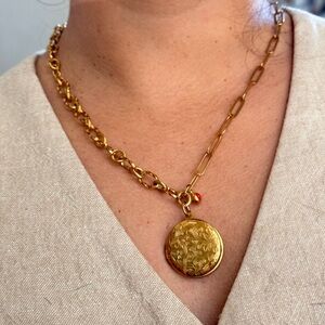 Gold Locket Necklace with Red Accent